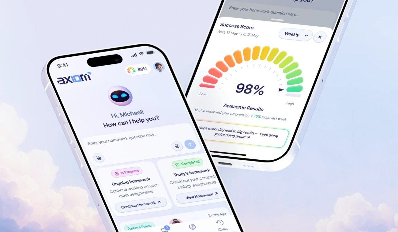 Axiom mobile screens: AI homework companion and progress score