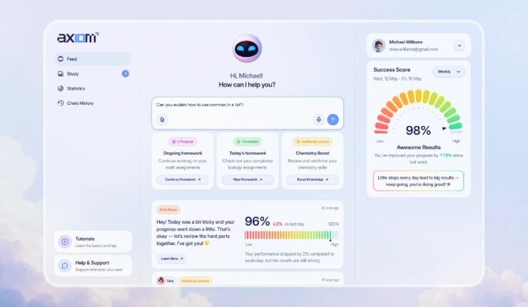 Axiom web dashboard with homework cards and success score