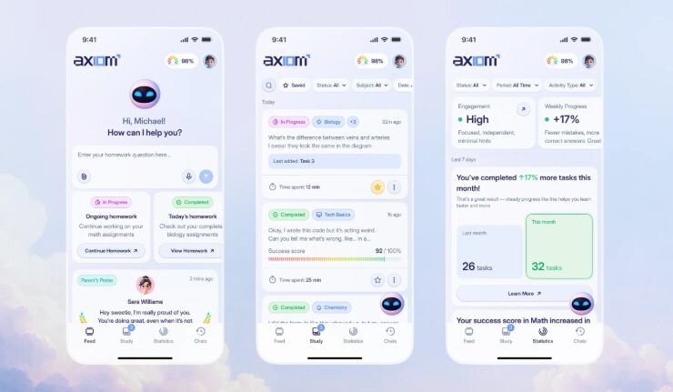 Axiom mobile screens: homework list, statistics and progress