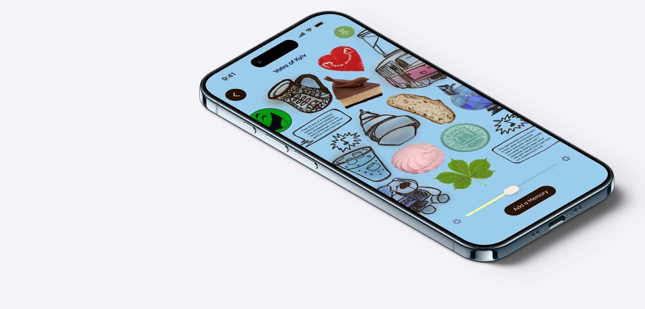 Vatra app home screen with a collage of memory objects