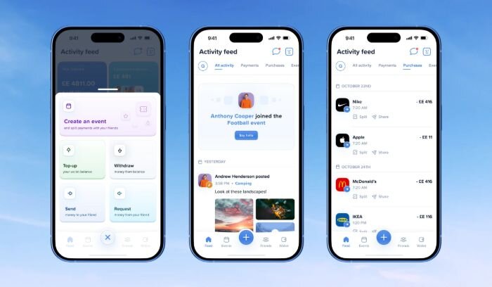 Wallet app event creation and activity feed screens