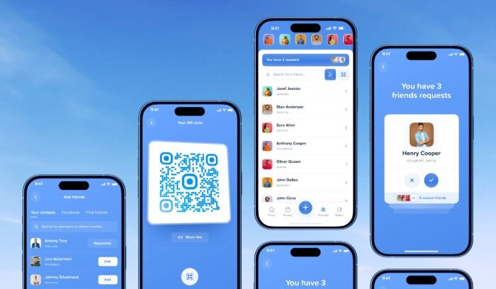 Wallet app QR payment and friend request screens