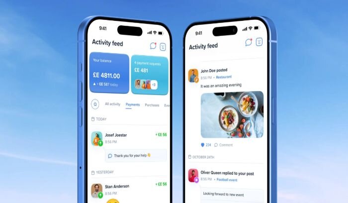Wallet app home and activity feed screens